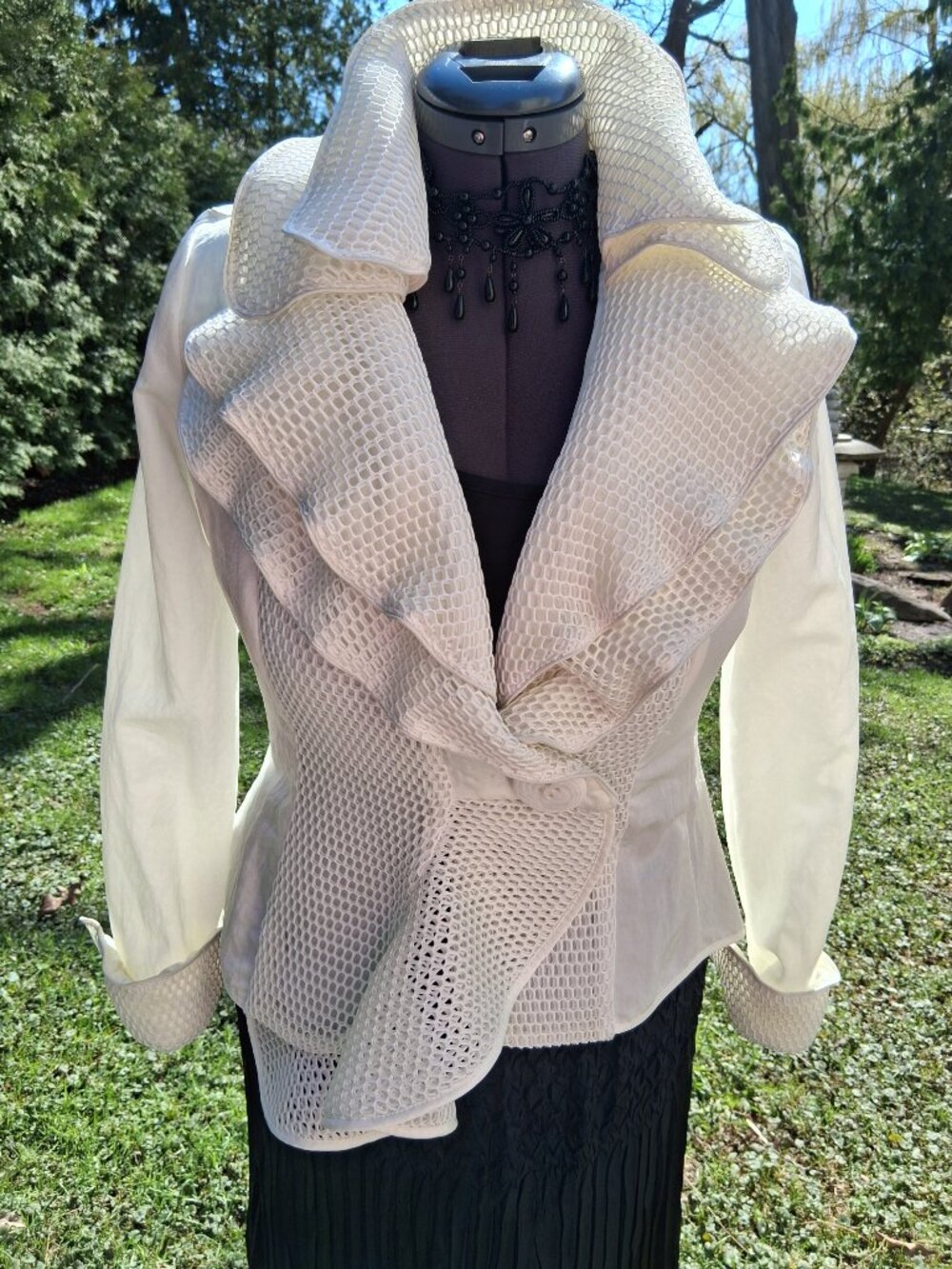 Elegant Ivory White Ruffled Mesh Gorgeous Unique Jacket Medium